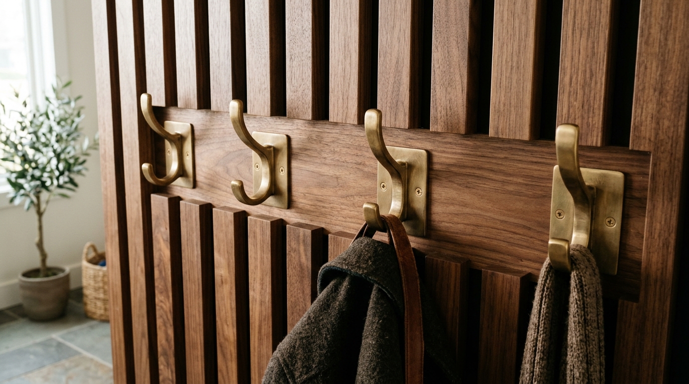A wall mounted coat rack integrated into vertical timber slats, demonstrating smart small entryway decor ideas.