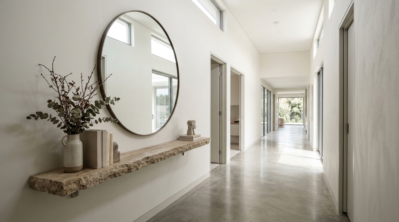 Elegant narrow hallway with a large circular mirror reflecting a floating travertine shelf and minimal decor.