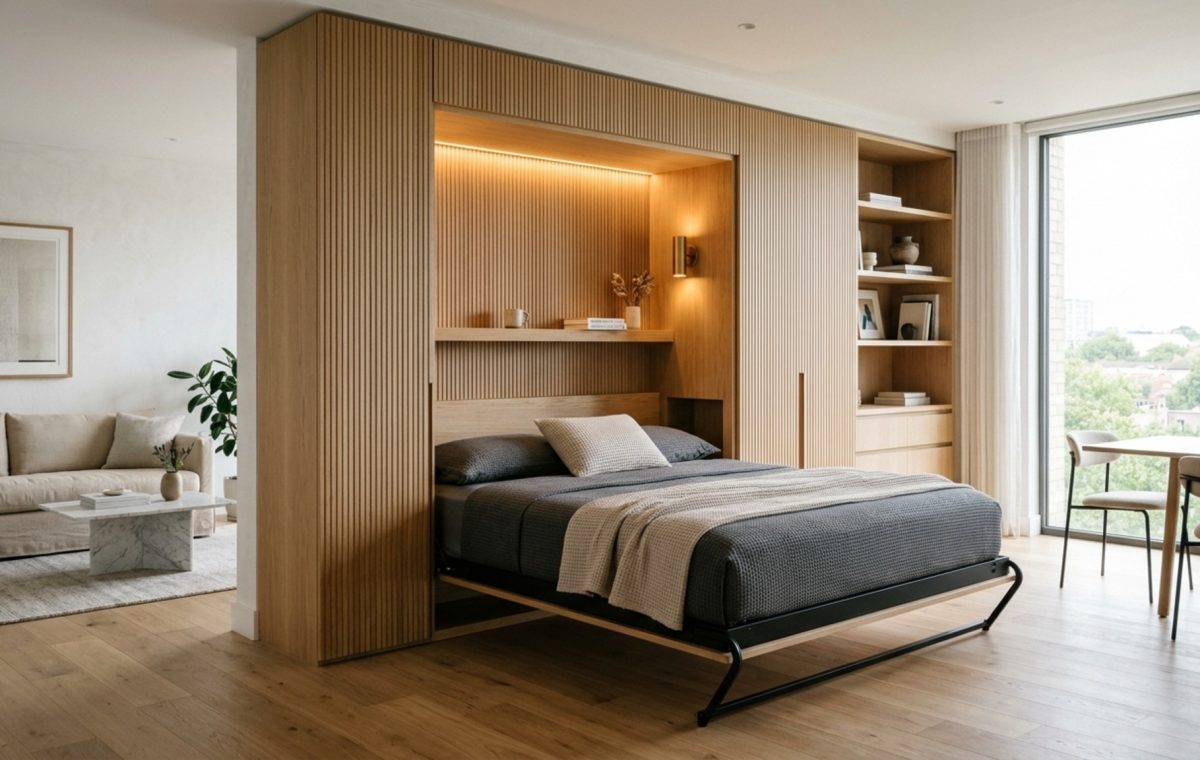Murphy beds for studio apartments integrated into a seamless wall of fluted white oak cabinetry with recessed brass handles and a warm linen headboard niche.