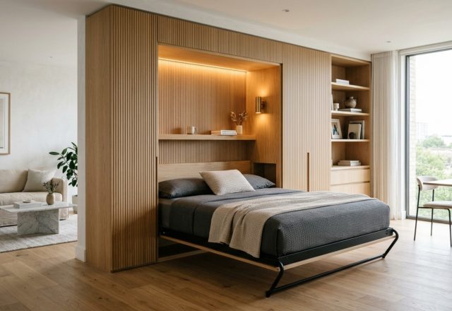 Murphy beds for studio apartments integrated into a seamless wall of fluted white oak cabinetry with recessed brass handles and a warm linen headboard niche.