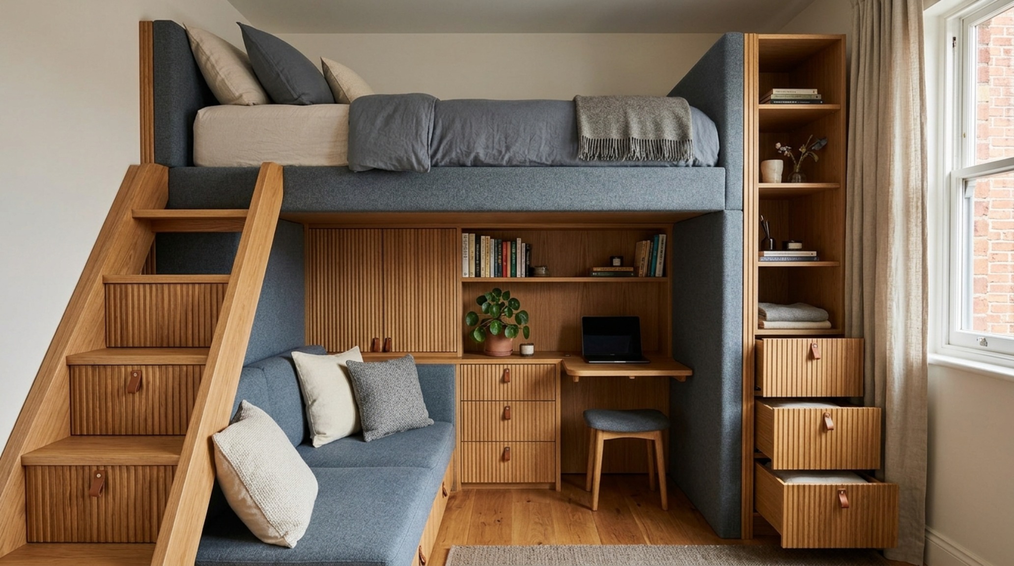 Multifunctional bed for small rooms designed as a modular daybed with oversized back cushions that conceals a full-size storage cavity beneath the frame.