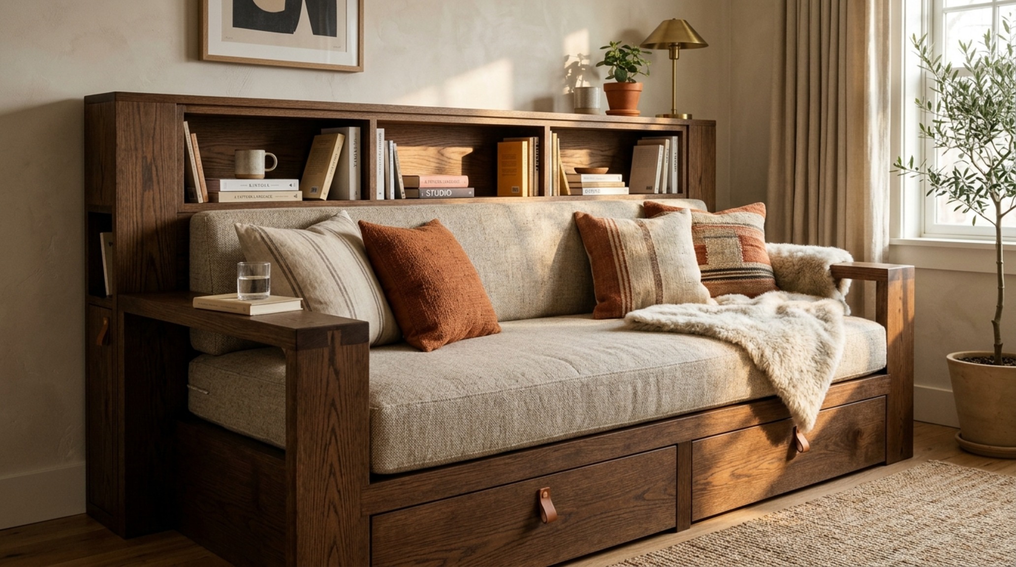Multifunctional bed for small rooms that transitions from a streamlined daytime sofa to a full-size bed with integrated bedside shelving and warm LED lighting.
