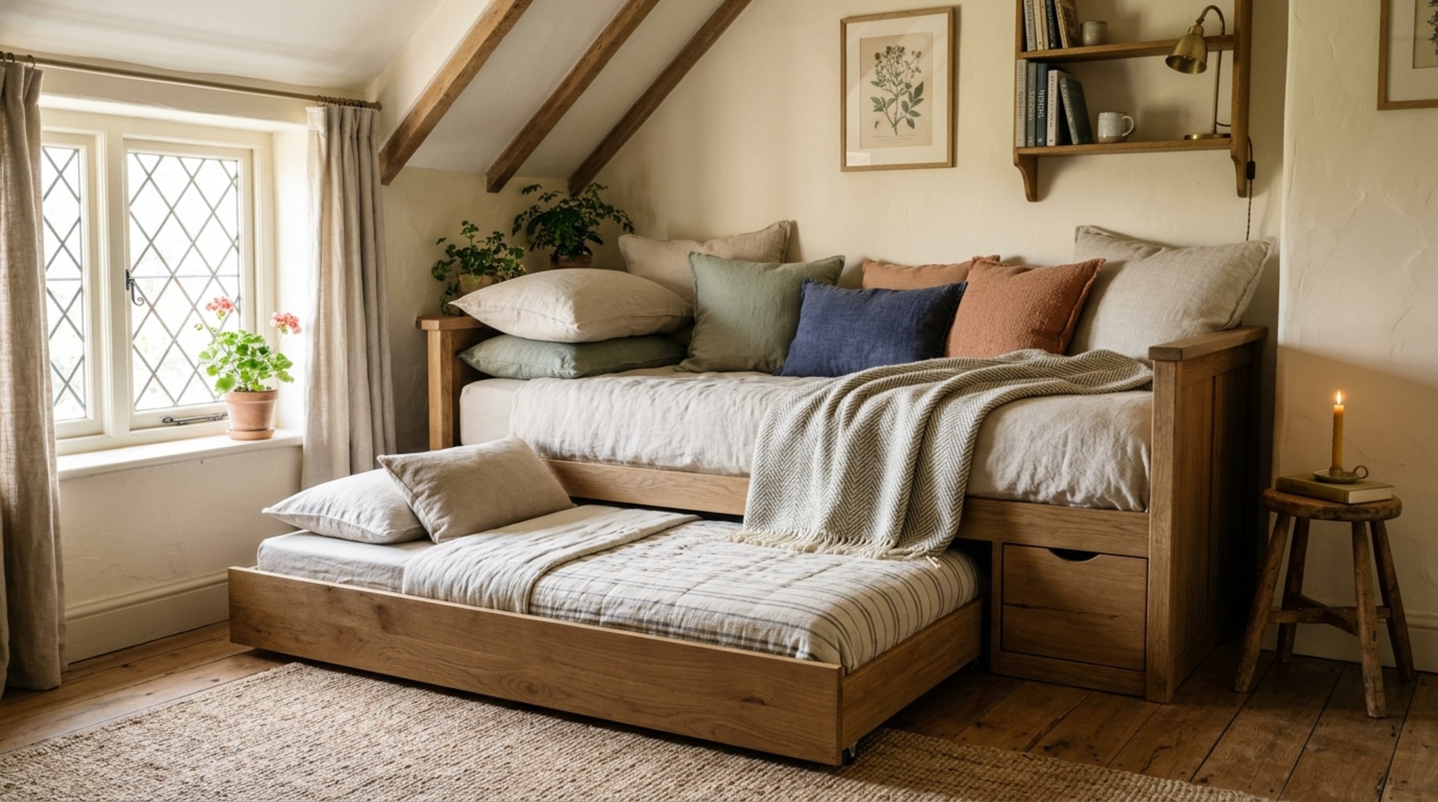 Trundle bed design ideas showcasing a deep window seat with a pull-out guest mattress upholstered in a durable oat-colored Belgian linen.