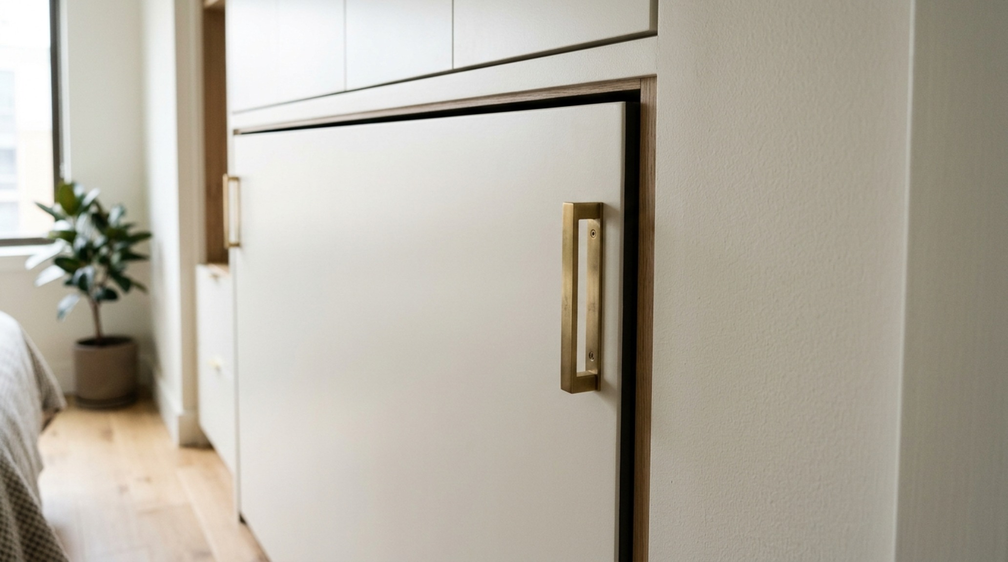 Murphy beds for studio apartments detailed with a soft-close hydraulic mechanism and custom integrated shelving finished in Farrow & Ball Setting Plaster.