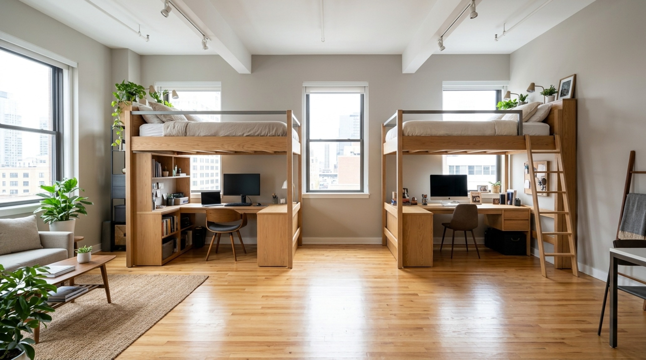 Loft beds with built-in desks viewed from above, highlighting the spatial flow and the 36-inch walkway clearance maintained around the furniture structure.