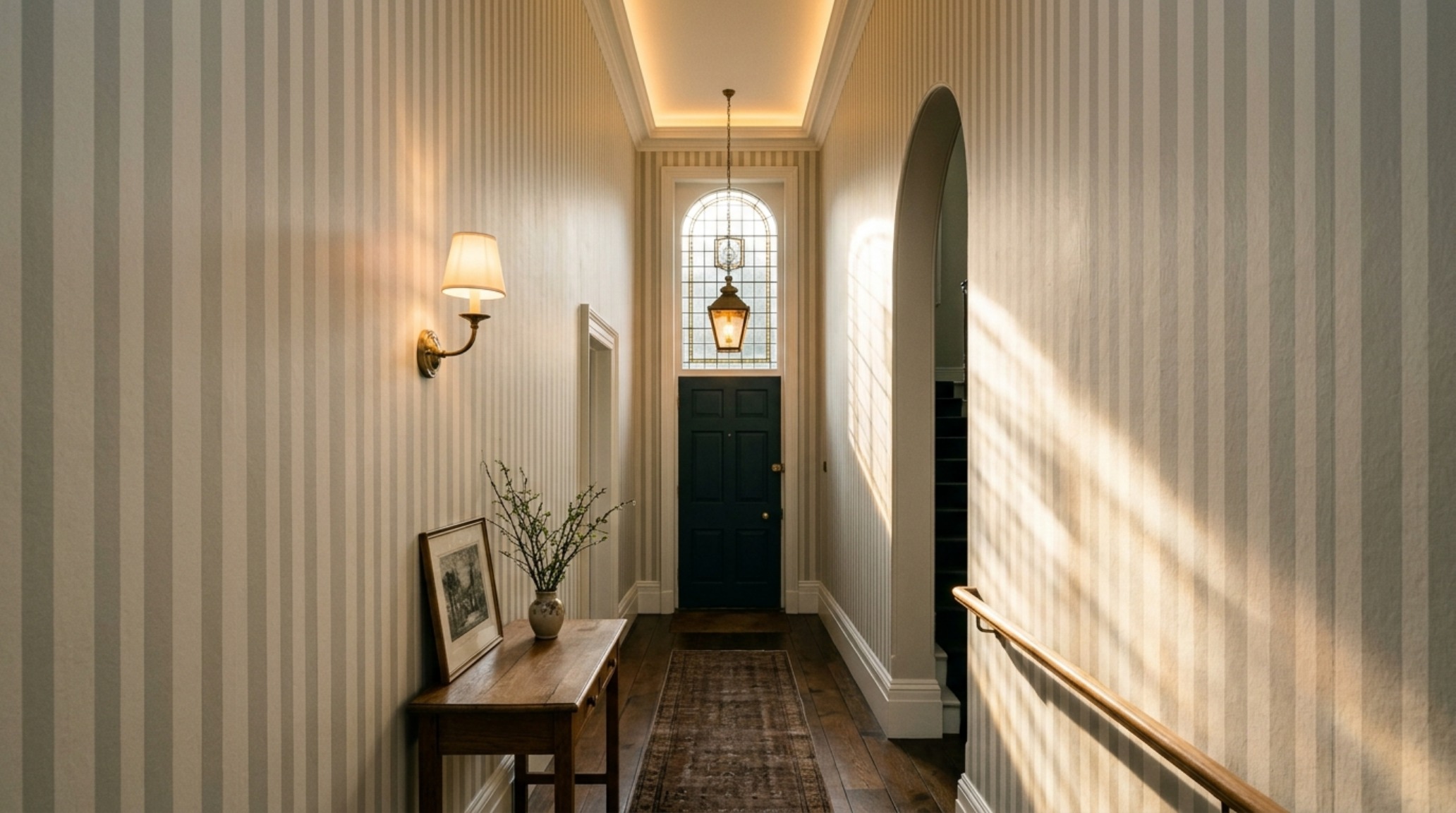 A narrow entryway featuring Farrow & Ball vertical stripe wallpaper in soft greige, elongating the walls toward a high ceiling with 2700K warm cove lighting.