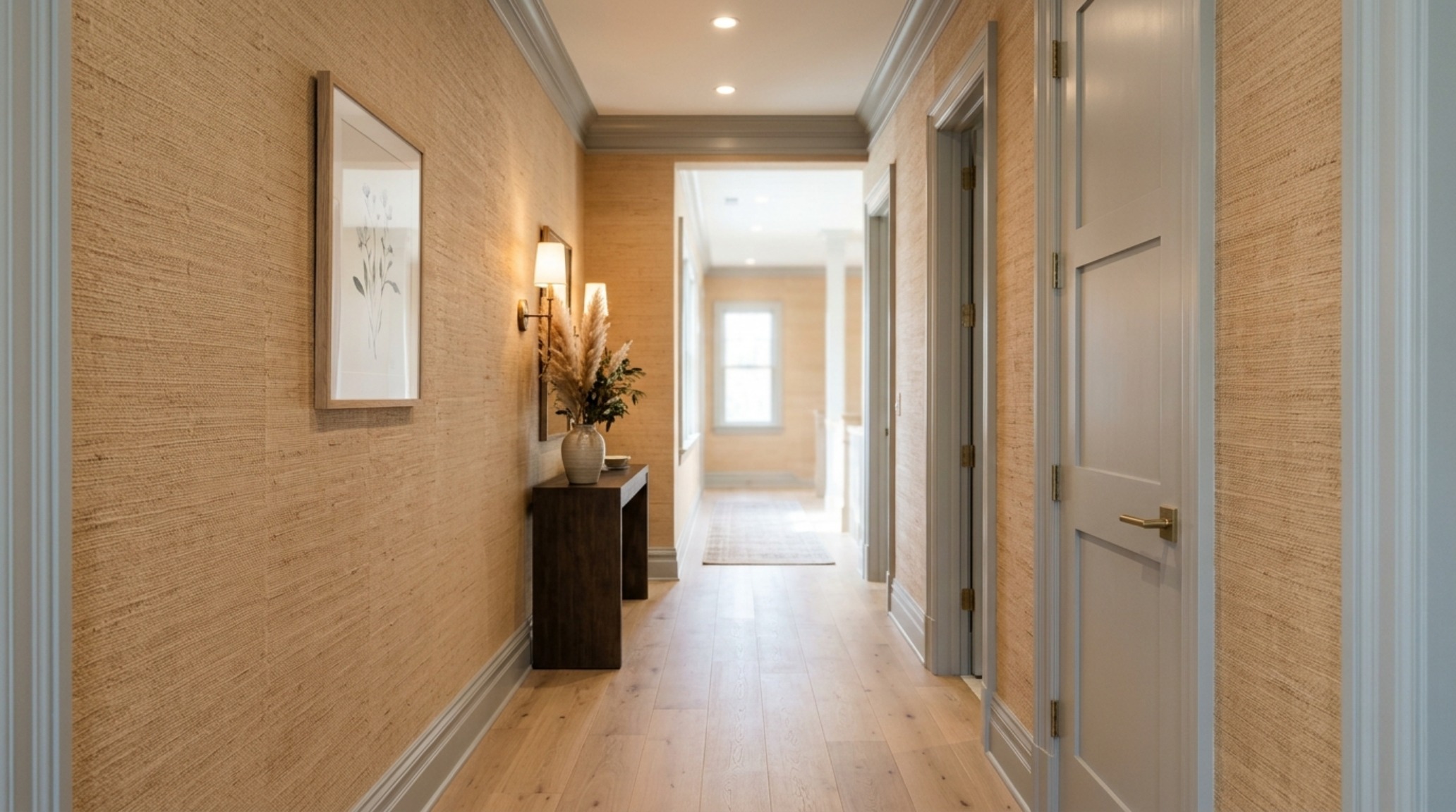 Perspective view of a narrow entry with floor-to-ceiling vertical panelling, painted in a soft muted terracotta to create warmth and height.