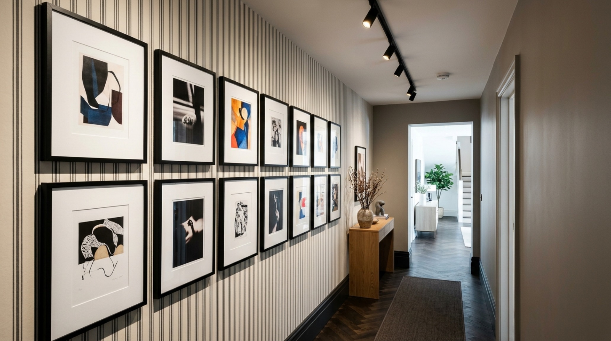 A contemporary gallery-style hallway featuring oversized botanical art and a clean 36-inch walkway clearance for optimal ergonomic flow.