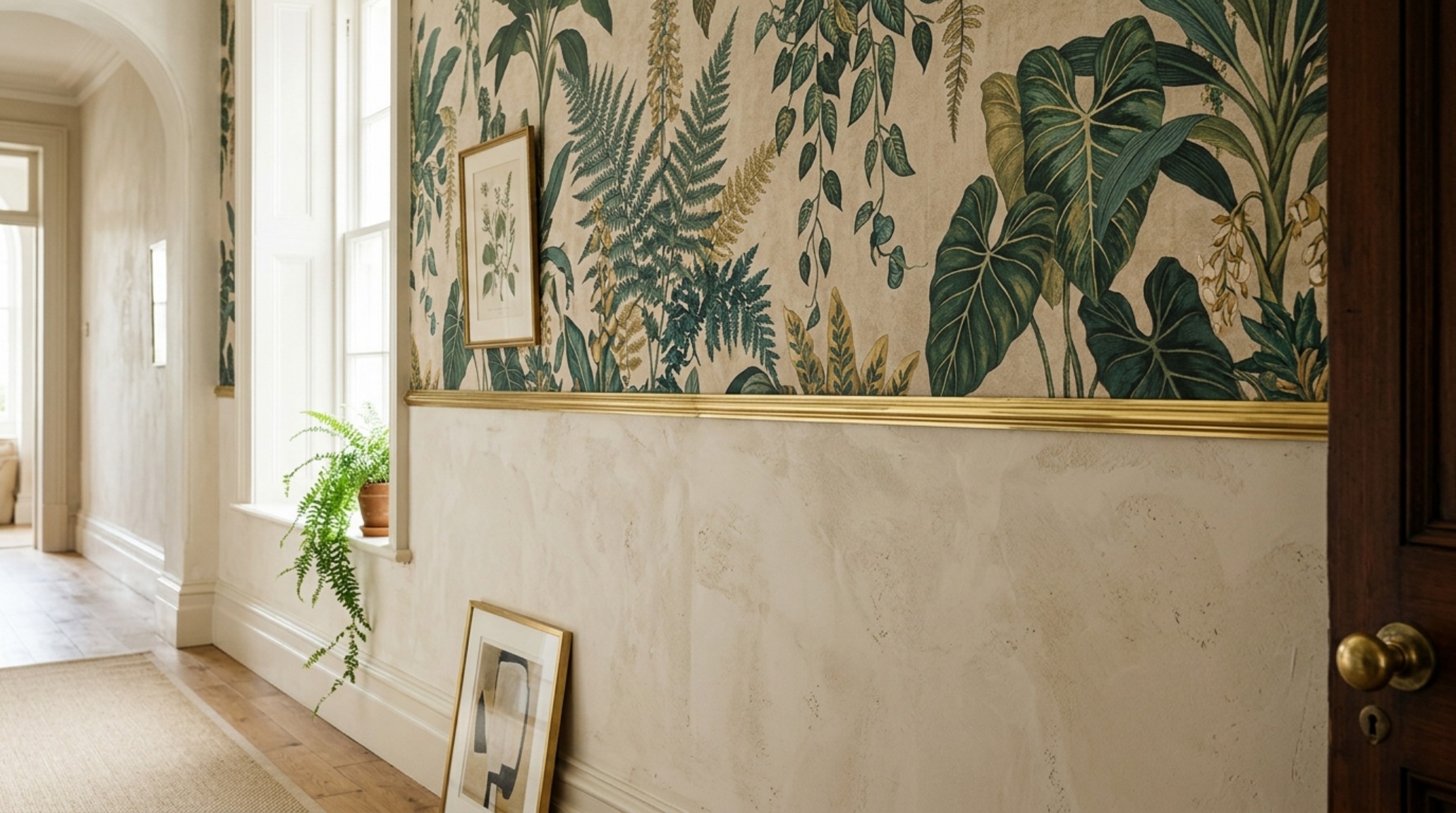 Close-up of the 'Upper Third Rule' in action, showing a textured grasscloth on the lower wall and a botanical Arte mural on the top section of a narrow hallway.