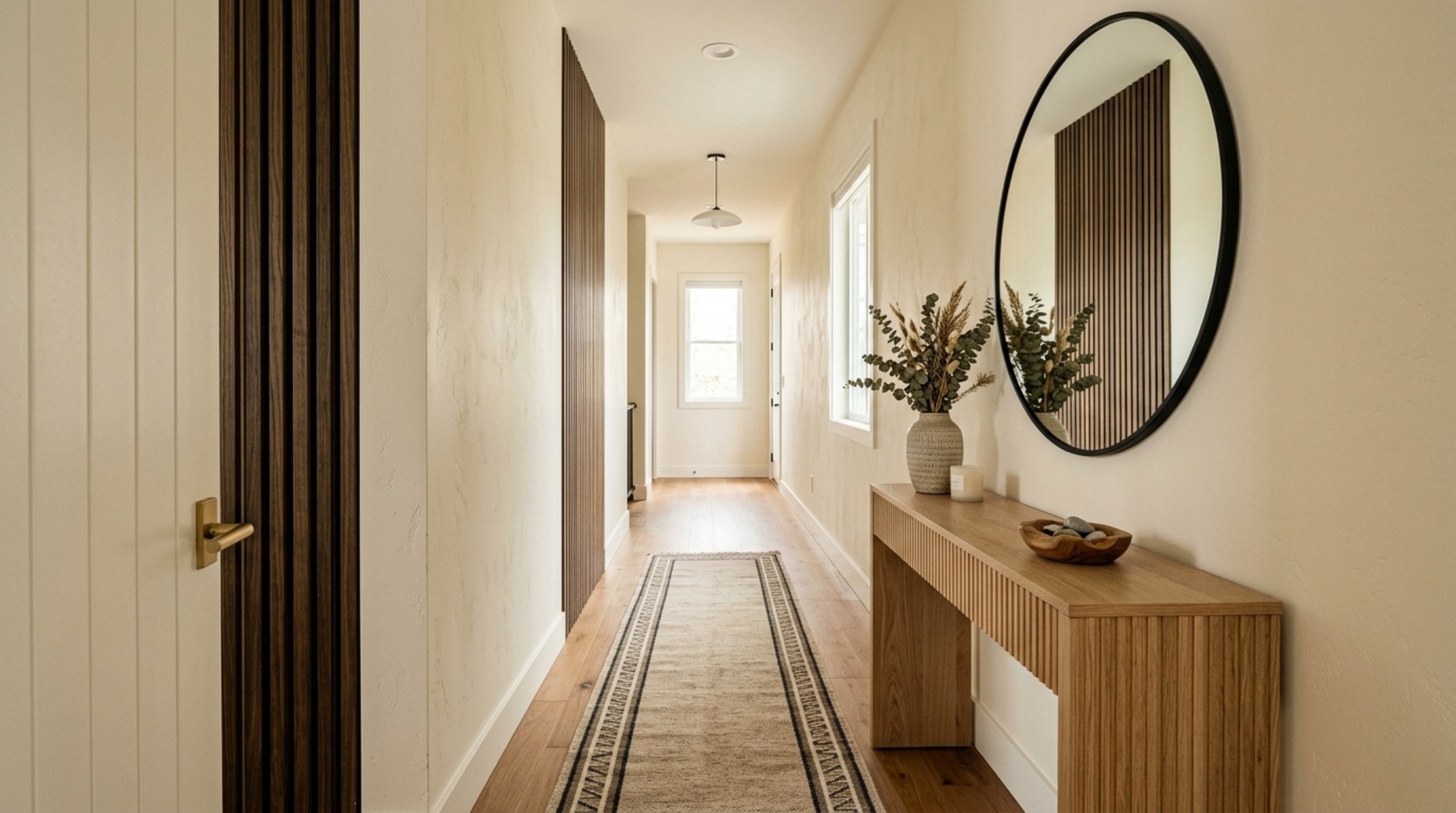 An organic modern entryway featuring a slim 12-inch deep fluted oak console table, a large circular brass mirror, and a neutral wool narrow hallway runner rug.