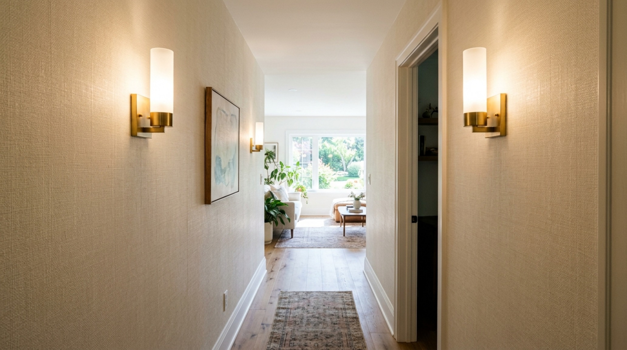 High-traffic narrow corridor designed with durable washable vinyl wallpaper in a linen texture, illuminated by sleek architectural wall sconces.