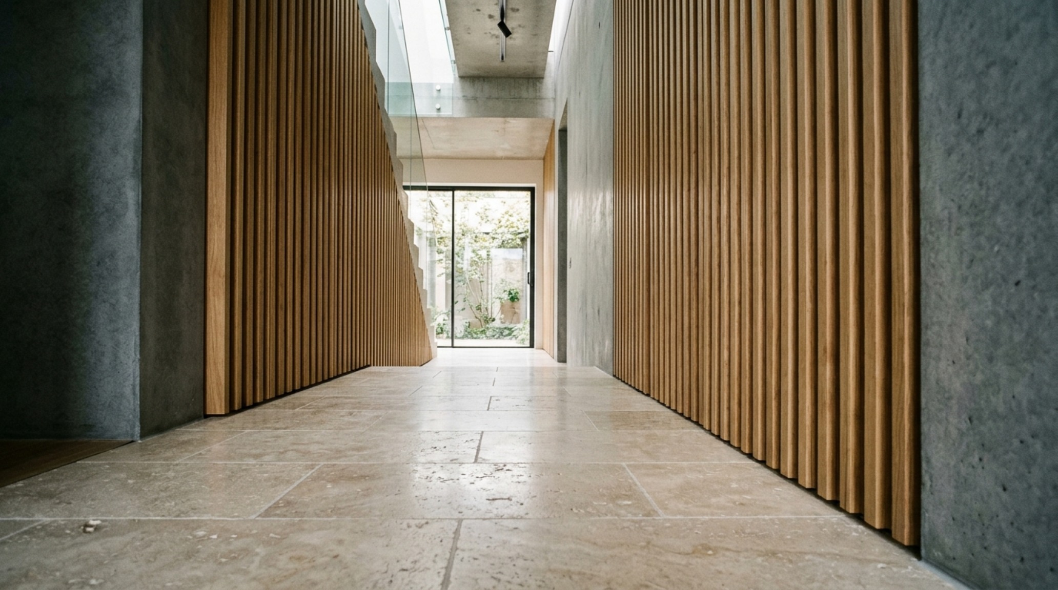 Wide-angle shot of a minimalist entryway with honed travertine floors and a custom vertical mural creating a deep visual sightline.