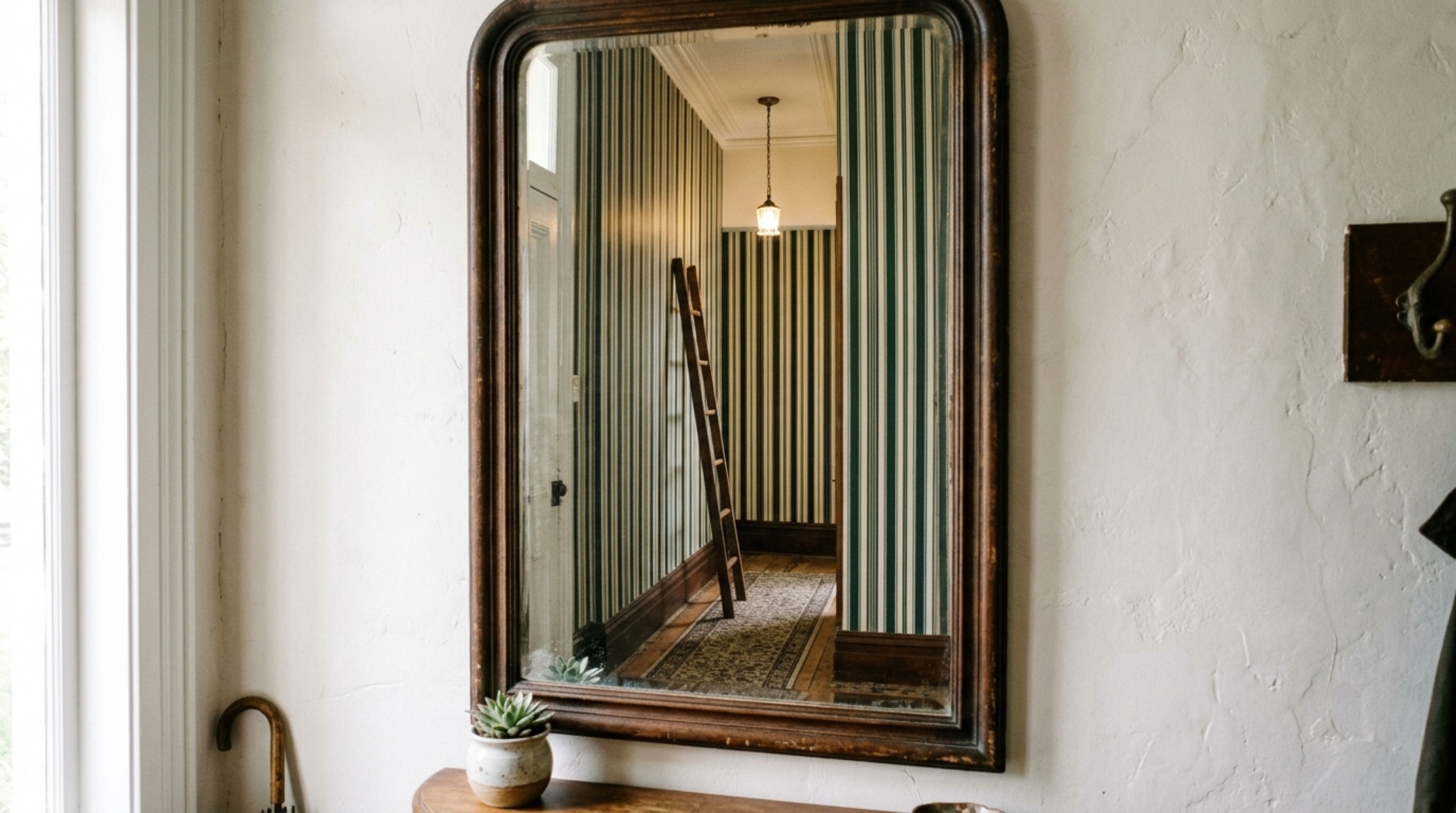 Detailed view of a small entryway console table with mirror, reflecting a gallery wall of black and white architectural photography.