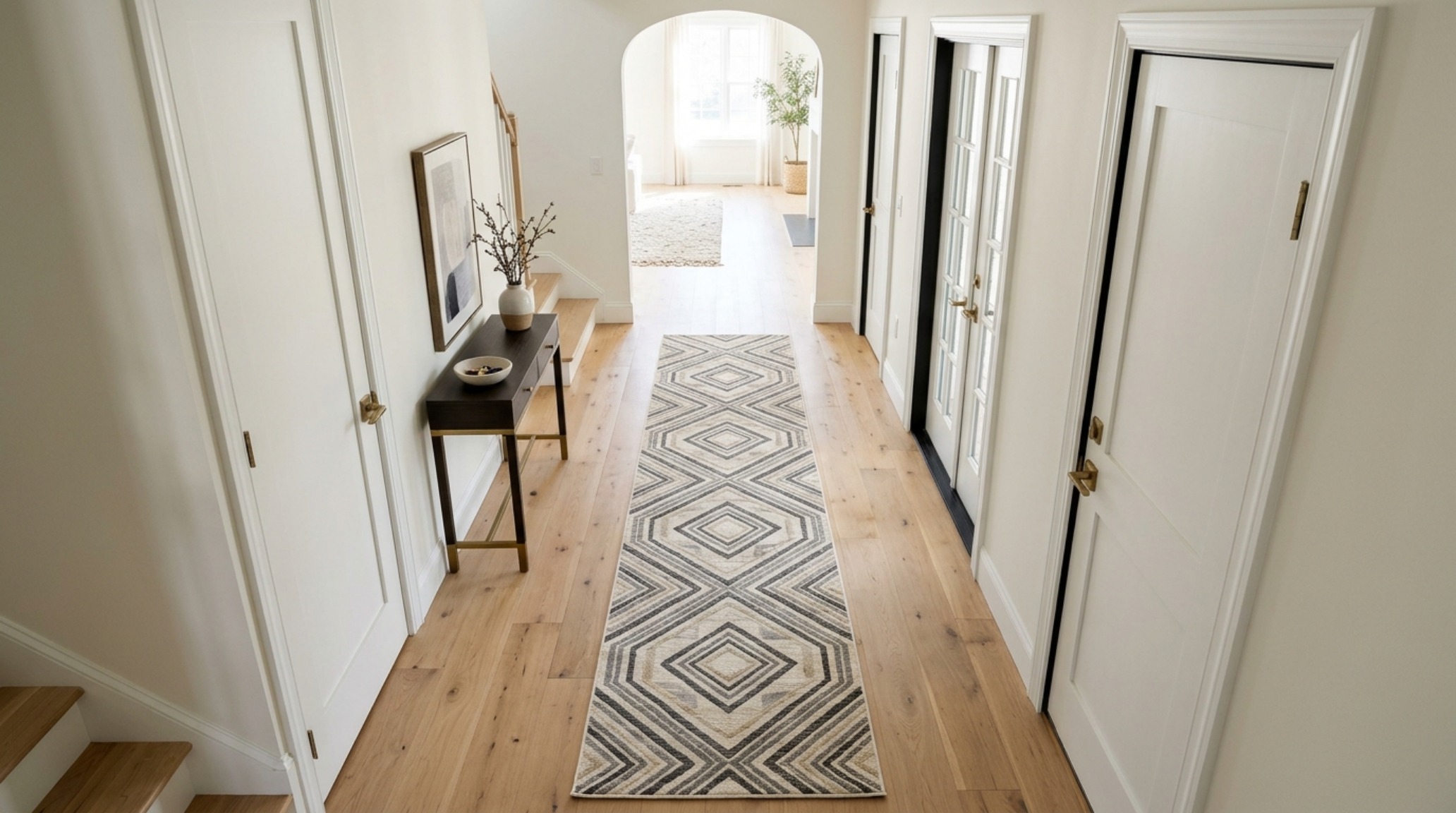Lush entryway decor with a narrow hallway runner rug in a linear pattern, leading the eye toward a sun-drenched living area.