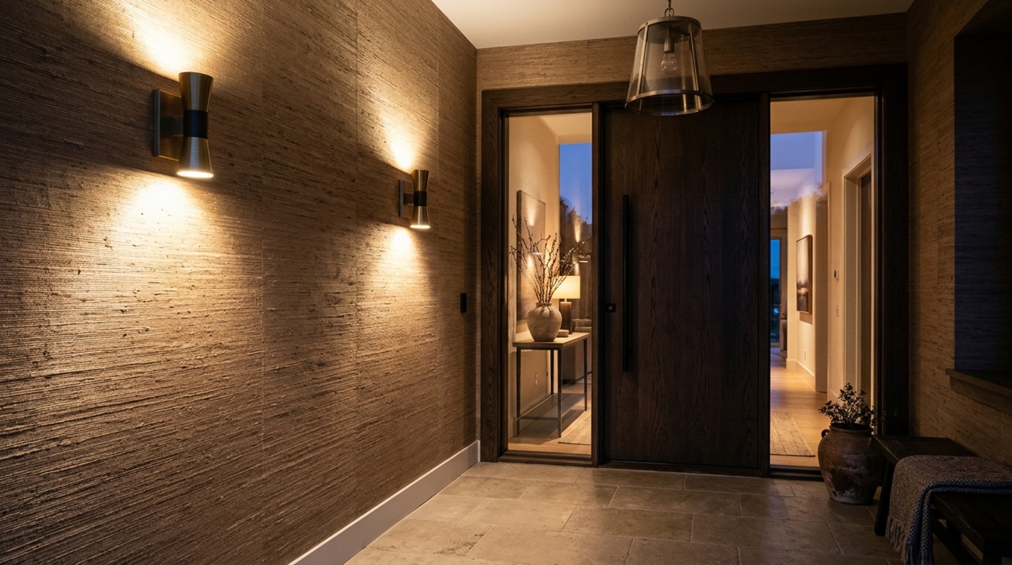 Architectural lighting design in a narrow transit zone, showing 3000K task lighting highlighting a collection of artisanal ceramics on a floating shelf.