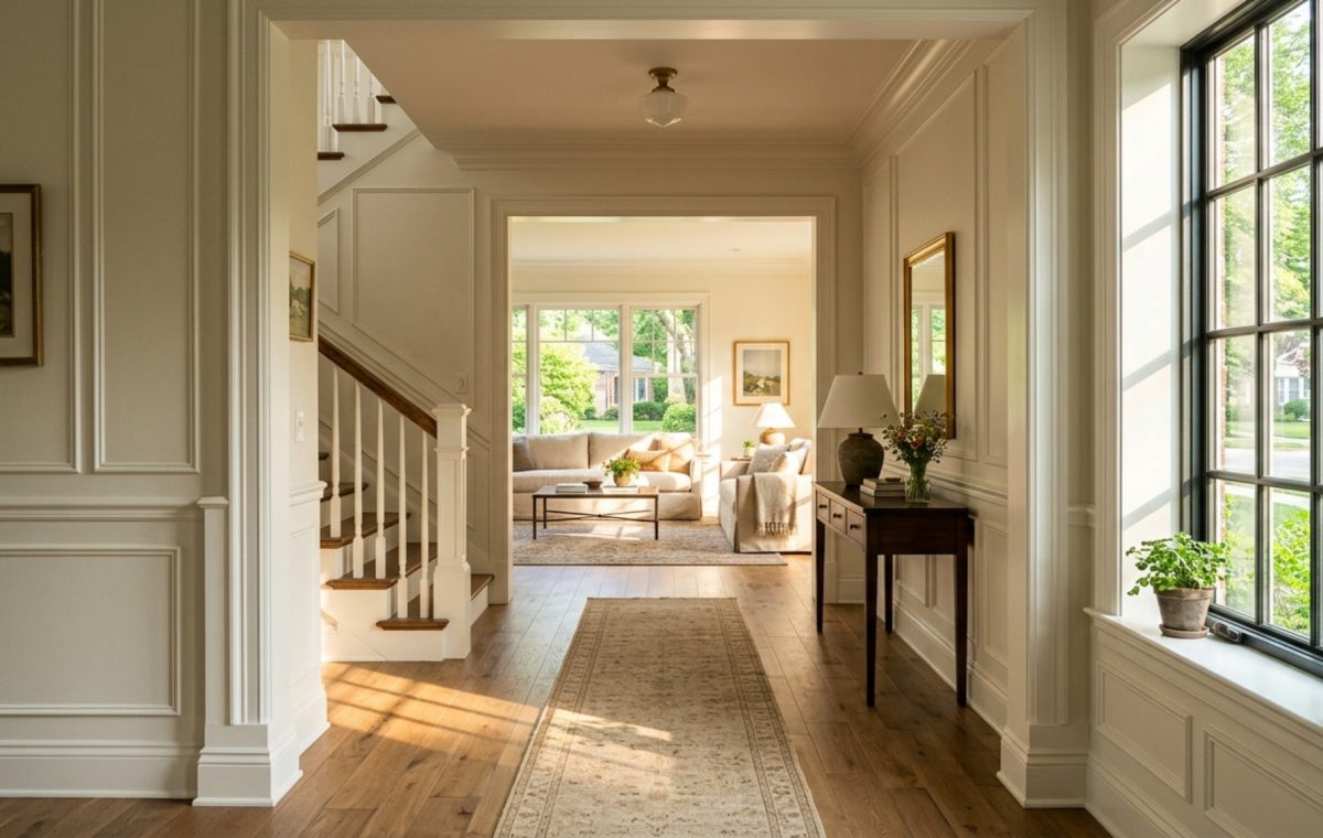 A wide-angle foyer view from a digital home tour jennie bishop bishop decor ideas showing a 36-inch walkway and clear architectural sightlines leading into the main living area with white oak flooring.