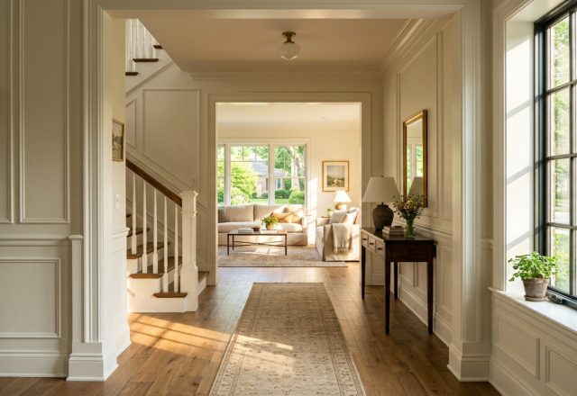 A wide-angle foyer view from a digital home tour jennie bishop bishop decor ideas showing a 36-inch walkway and clear architectural sightlines leading into the main living area with white oak flooring.