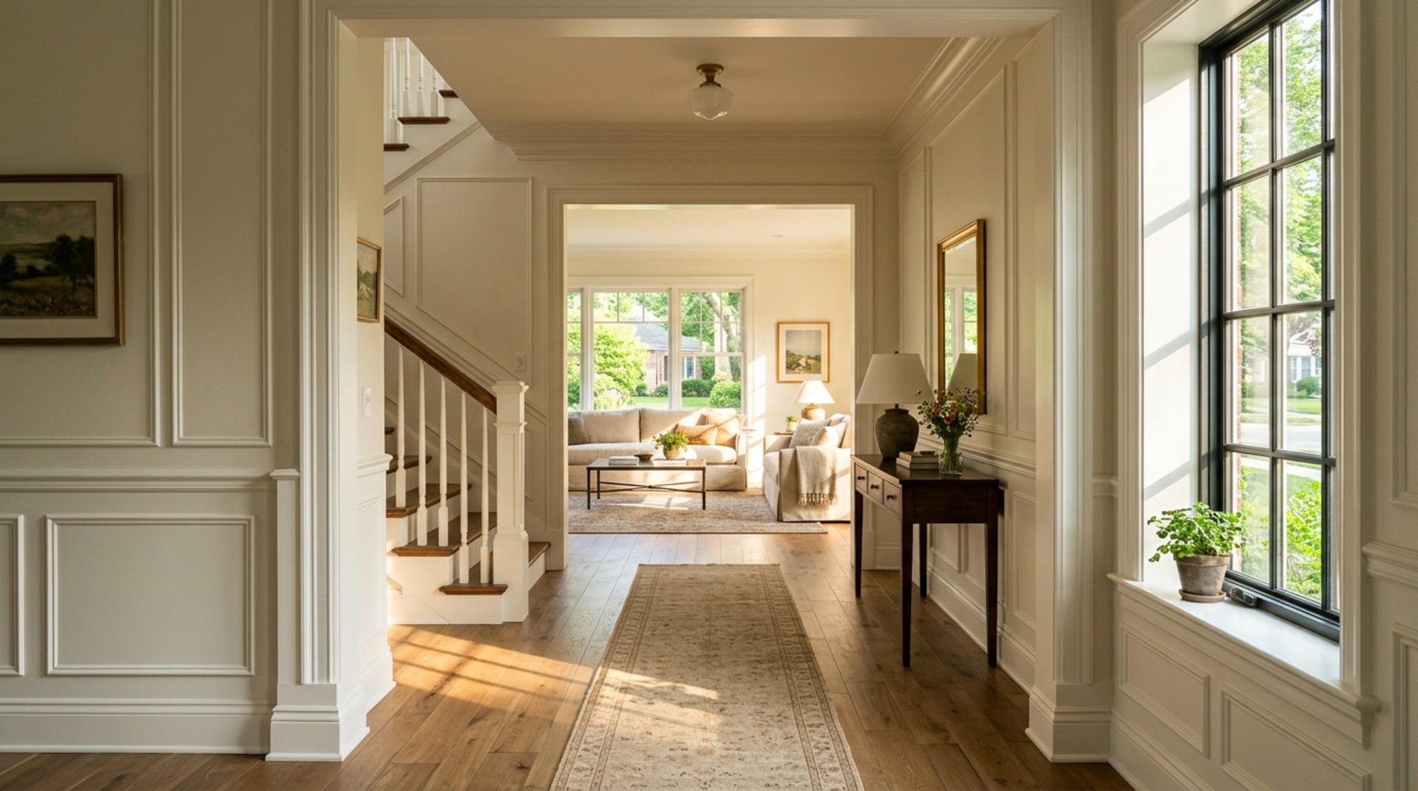 A wide-angle foyer view from a digital home tour jennie bishop bishop decor ideas showing a 36-inch walkway and clear architectural sightlines leading into the main living area with white oak flooring. A wide-angle foyer view from a digital home tour jennie bishop bishop decor ideas showing a 36-inch walkway and clear architectural sightlines leading into the main living area with white oak flooring.