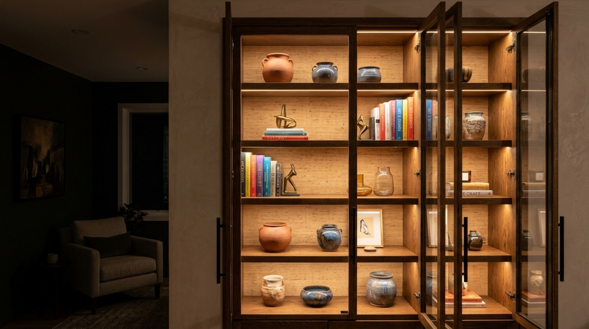 High-CRI 90+ architectural lighting illuminating a custom built-in library wall, showcasing the precision of Bishop Studio Wilmette IL design inspiration. High-CRI 90+ architectural lighting illuminating a custom built-in library wall, showcasing the precision of Bishop Studio Wilmette IL design inspiration.
