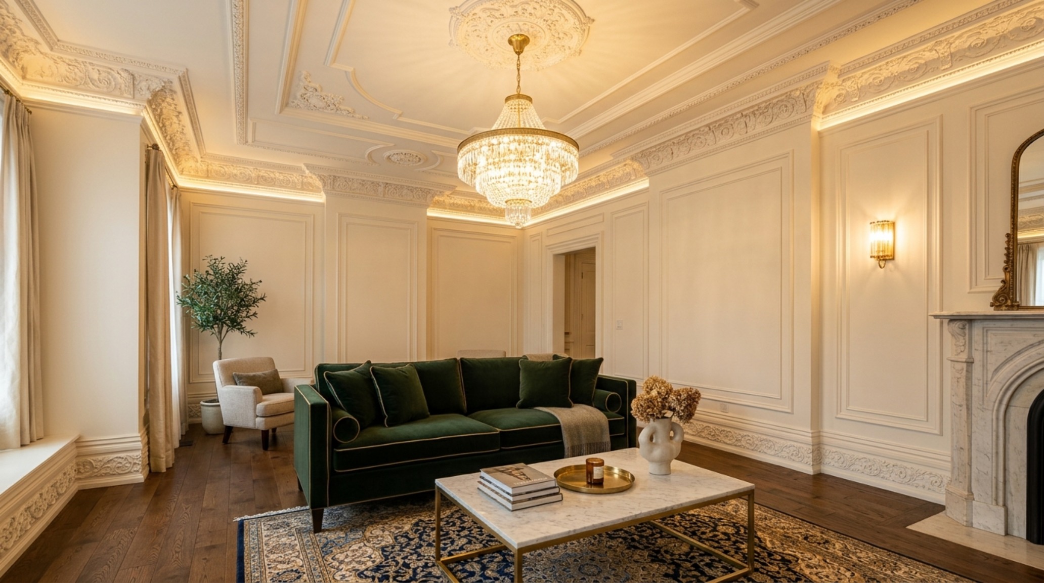 A detailed look at the formal living room featuring deep-profile architectural molding in Benjamin Moore Swiss Coffee and bespoke furniture arrangements with 18-inch reach clearances. A detailed look at the formal living room featuring deep-profile architectural molding in Benjamin Moore Swiss Coffee and bespoke furniture arrangements with 18-inch reach clearances.