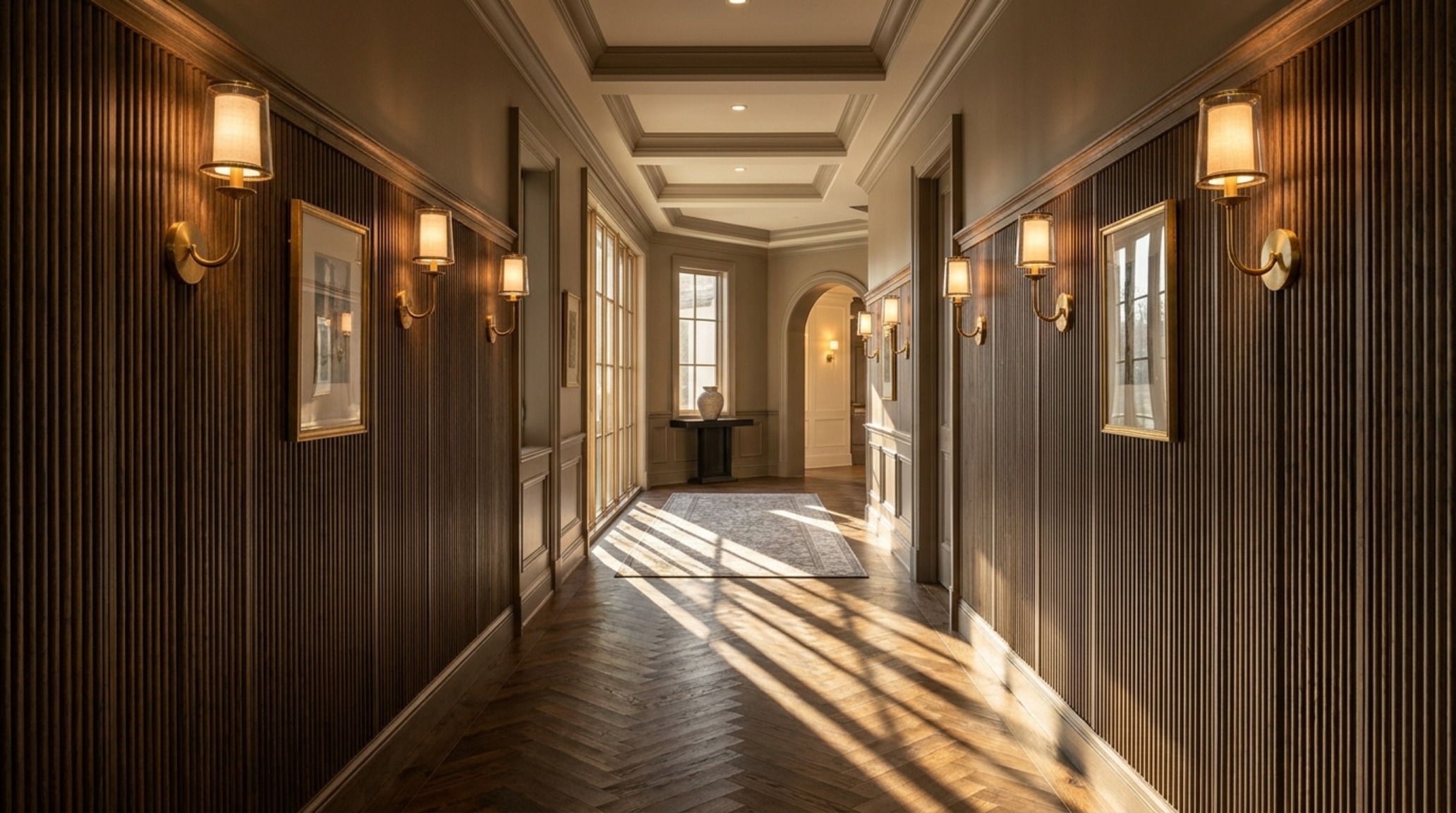 The central hallway transition zone in a Wilmette home tour highlighting structural flow through repeated sconce lighting and fluted wall paneling by Bishop Studio. The central hallway transition zone in a Wilmette home tour highlighting structural flow through repeated sconce lighting and fluted wall paneling by Bishop Studio.