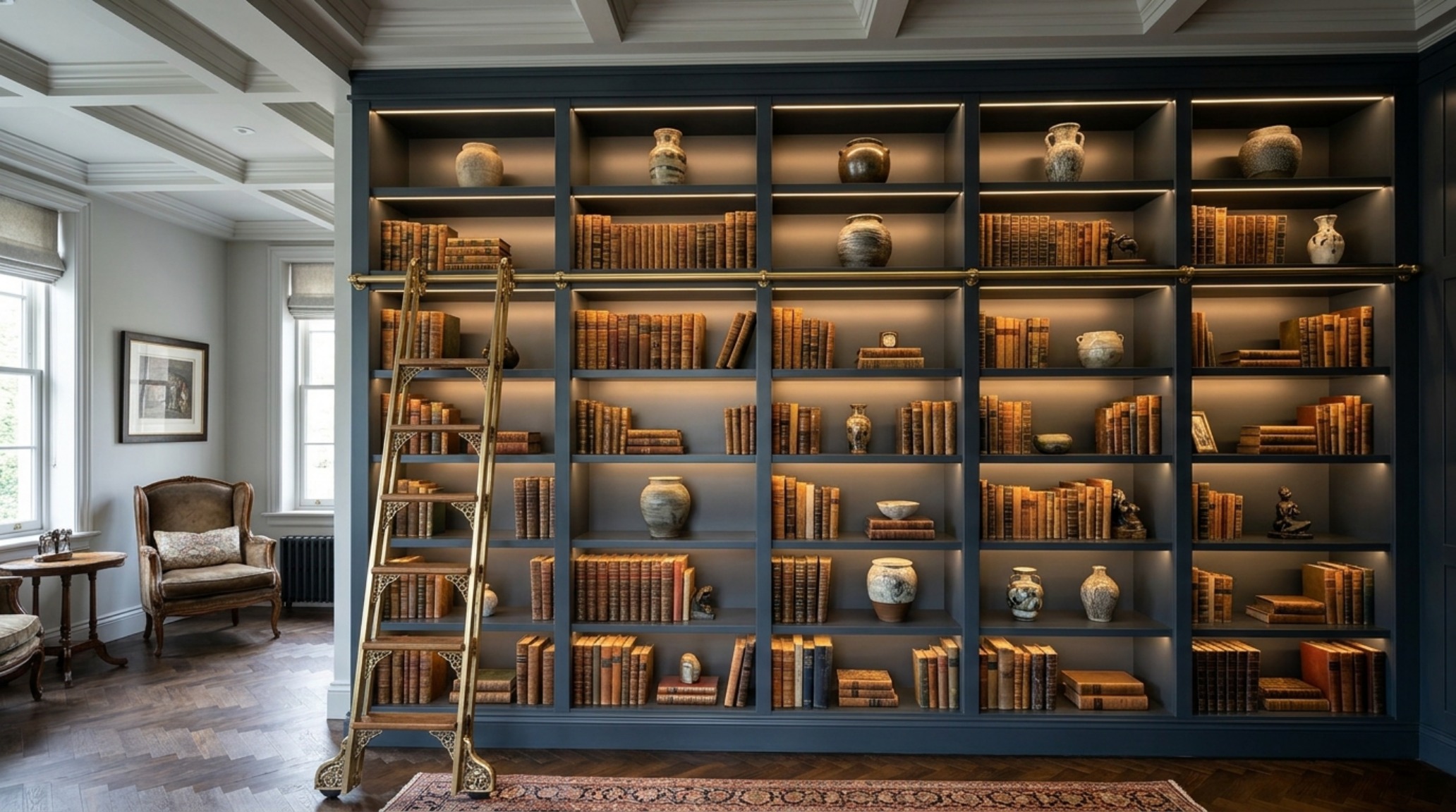 Bespoke shelving solutions in a saturated dark lacquer finish featuring recessed lighting and unlacquered brass hardware, a staple of modern digital home tour jennie bishop bishop ideas. Bespoke shelving solutions in a saturated dark lacquer finish featuring recessed lighting and unlacquered brass hardware, a staple of modern digital home tour jennie bishop bishop ideas.