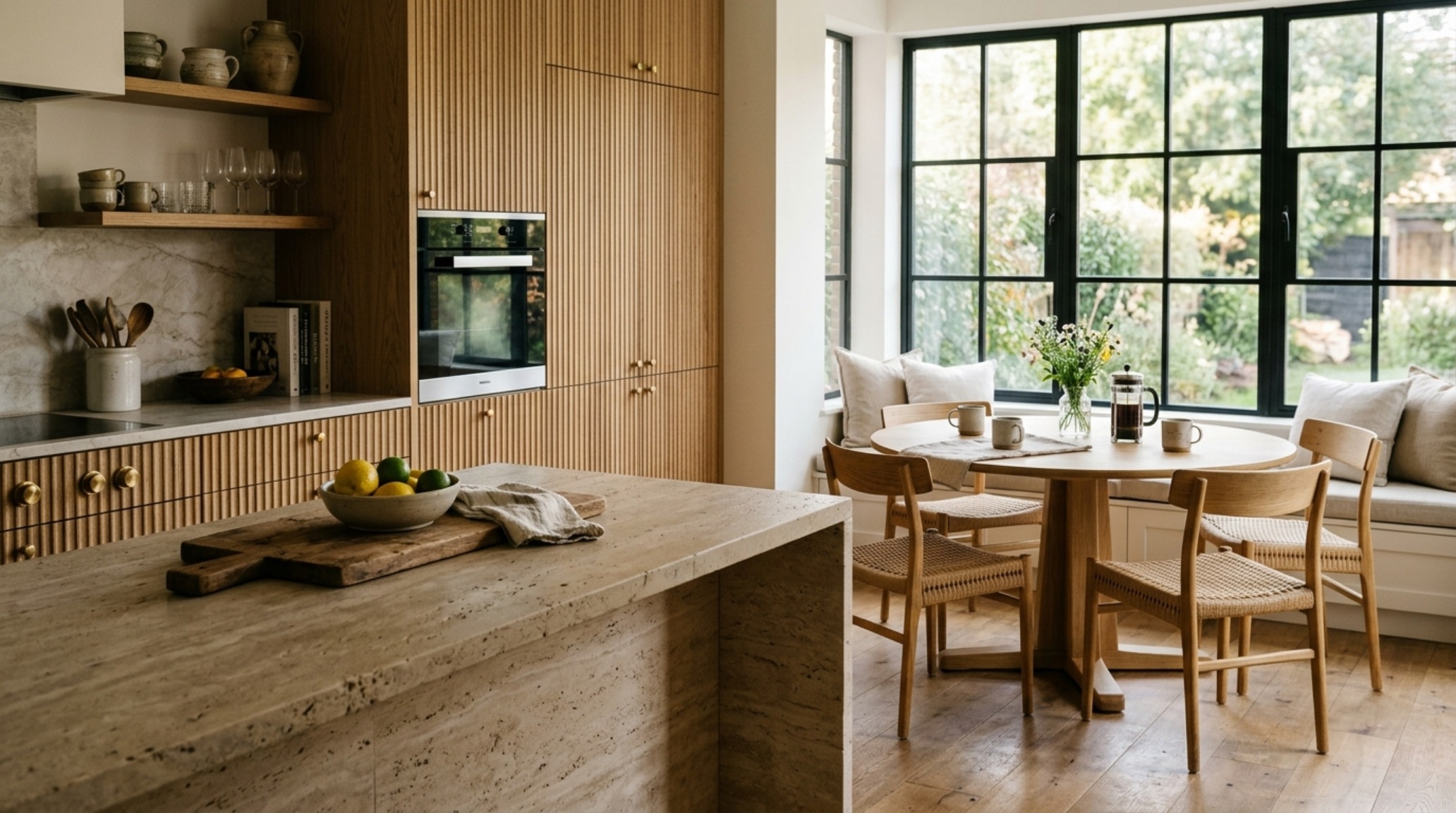 A kitchen and informal dining area showcasing honed travertine countertops and fluted oak cabinetry under 3000K task lighting with 30-inch chair clearances. A kitchen and informal dining area showcasing honed travertine countertops and fluted oak cabinetry under 3000K task lighting with 30-inch chair clearances.