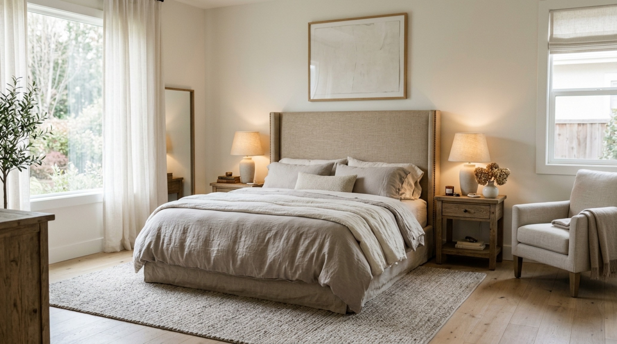 A primary bedroom sanctuary featuring neutral Belgian linen upholstery, 2700K diffused lighting, and 42-inch spatial clearances for an airy, atmospheric feel. A primary bedroom sanctuary featuring neutral Belgian linen upholstery, 2700K diffused lighting, and 42-inch spatial clearances for an airy, atmospheric feel.