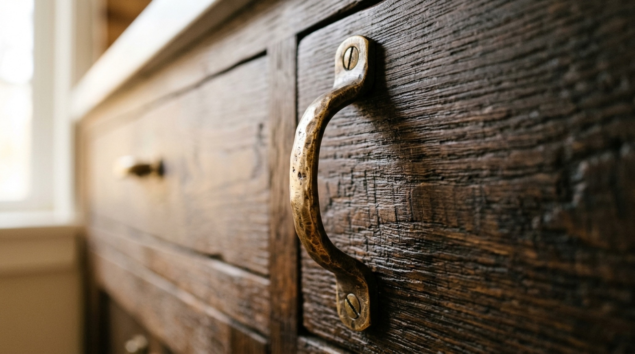 A close-up of unlacquered burnished brass hardware against dark oak cabinetry, demonstrating the material integrity and quiet luxury philosophy of Jennie Bishop Bishop Studio. A close-up of unlacquered burnished brass hardware against dark oak cabinetry, demonstrating the material integrity and quiet luxury philosophy of Jennie Bishop Bishop Studio.