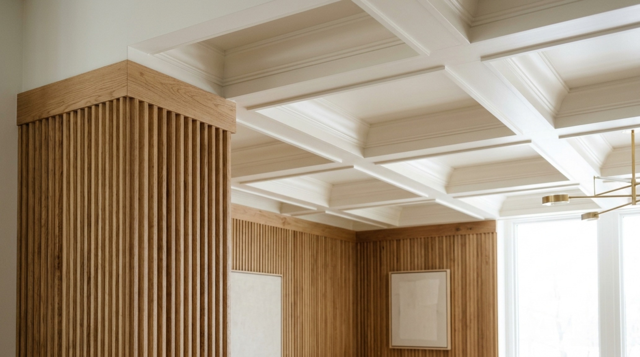 Architectural detail of crown molding meeting a limewash wall, capturing the interplay of natural light and shadow in a transitional interior design scheme. Architectural detail of crown molding meeting a limewash wall, capturing the interplay of natural light and shadow in a transitional interior design scheme.
