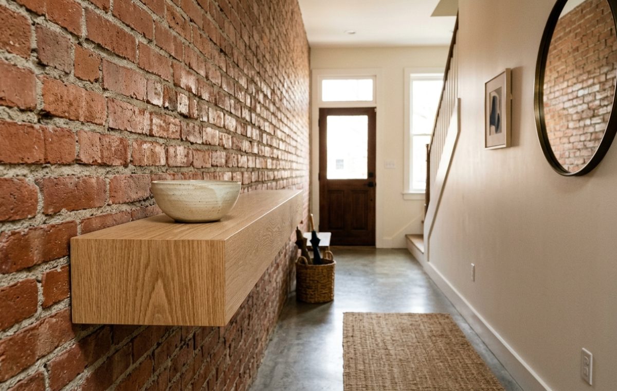 A narrow entryway featuring an exposed red brick wall and a floating white oak console shelf, illustrating narrow entryway ideas for small spaces.