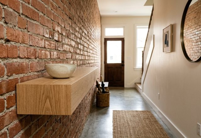 A narrow entryway featuring an exposed red brick wall and a floating white oak console shelf, illustrating narrow entryway ideas for small spaces.