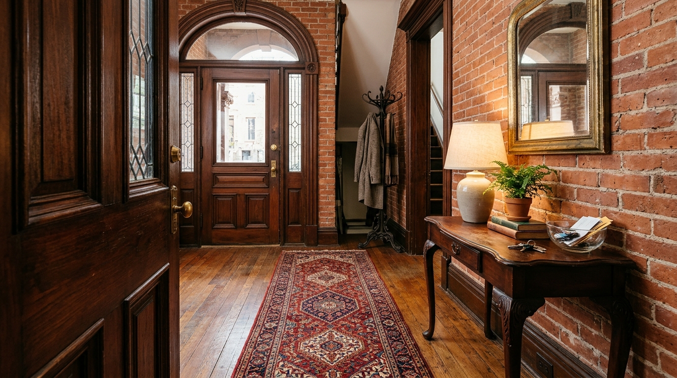 Traditional red brick foyer with a vintage Persian narrow hallway runner rug and antique brass hooks.