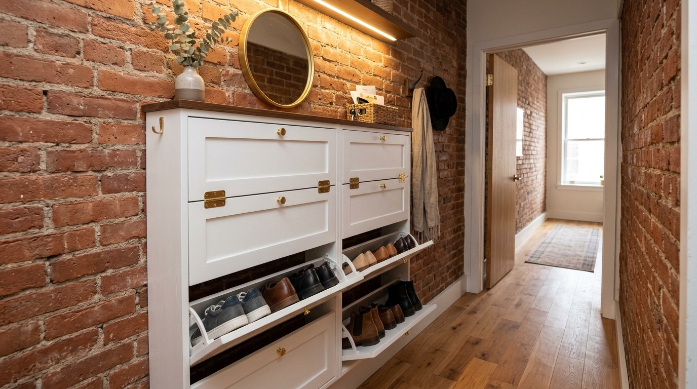 Narrow mudroom storage hacks: a vertical shoe cabinet integrated into a brick wall entryway niche.