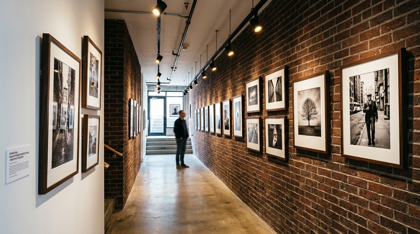 Narrow entryway ideas for lofts: a long gallery-style hallway with spotlighting on brick textures.