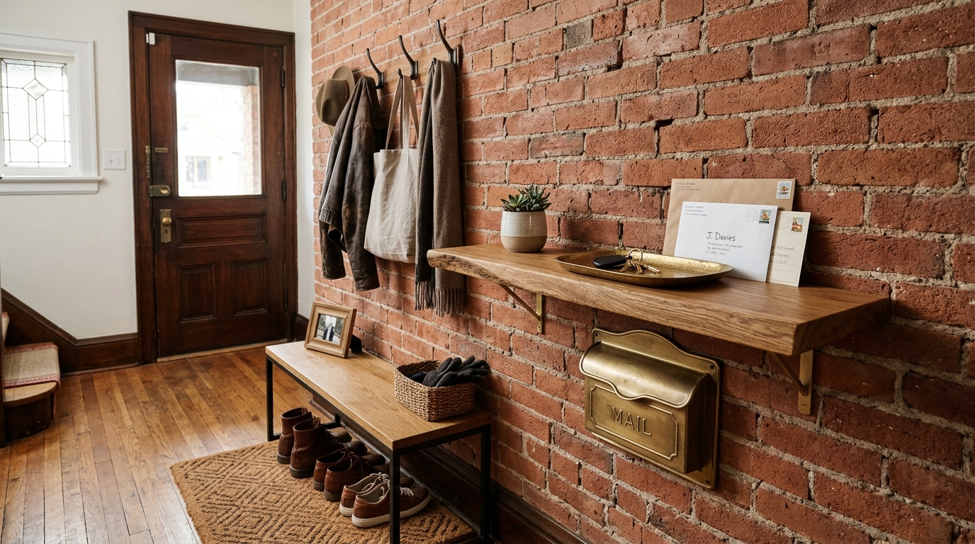 Entryway drop zone featuring a built-in mail sorter and floating shelf in a high-traffic brick corridor.