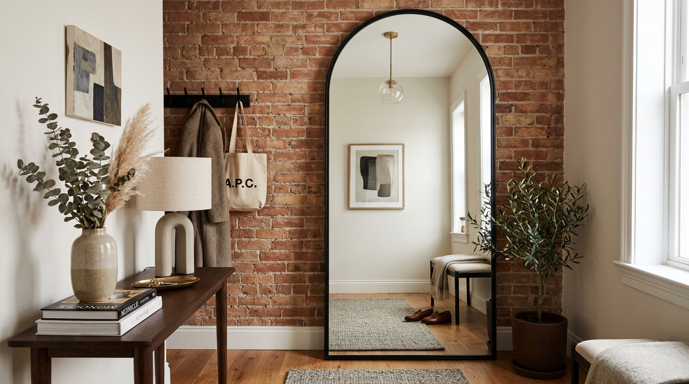 Small entryway console table with mirror highlighting the 'Sightline Theory' of keeping floors clear.