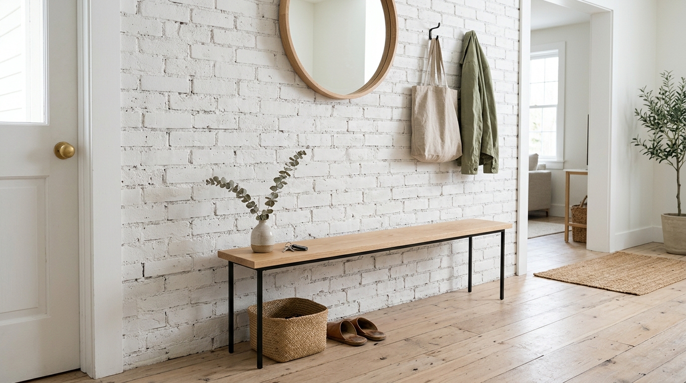Scandinavian-inspired brick wall entryway with light wood benches and white-washed masonry.