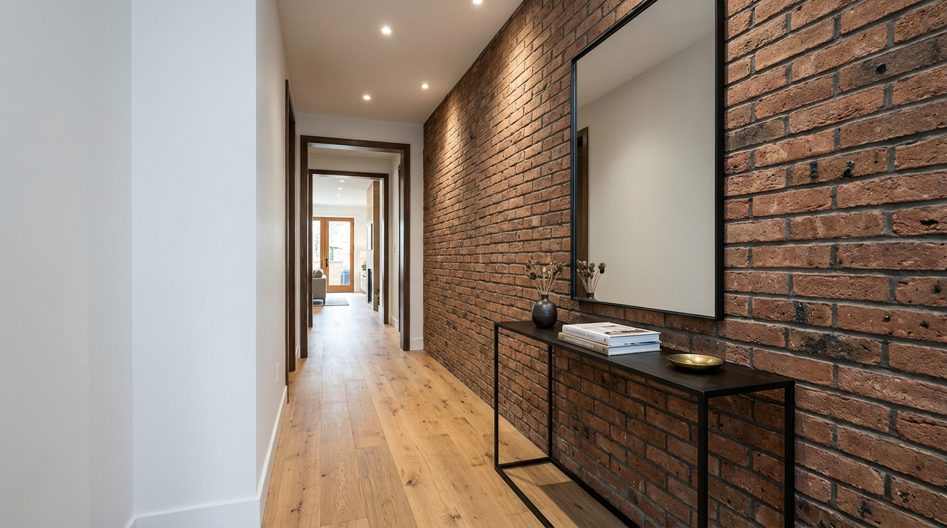 Architectural view of a hallway with 36-inch clearance, showing a slim mirror and brick wall entryway layout.