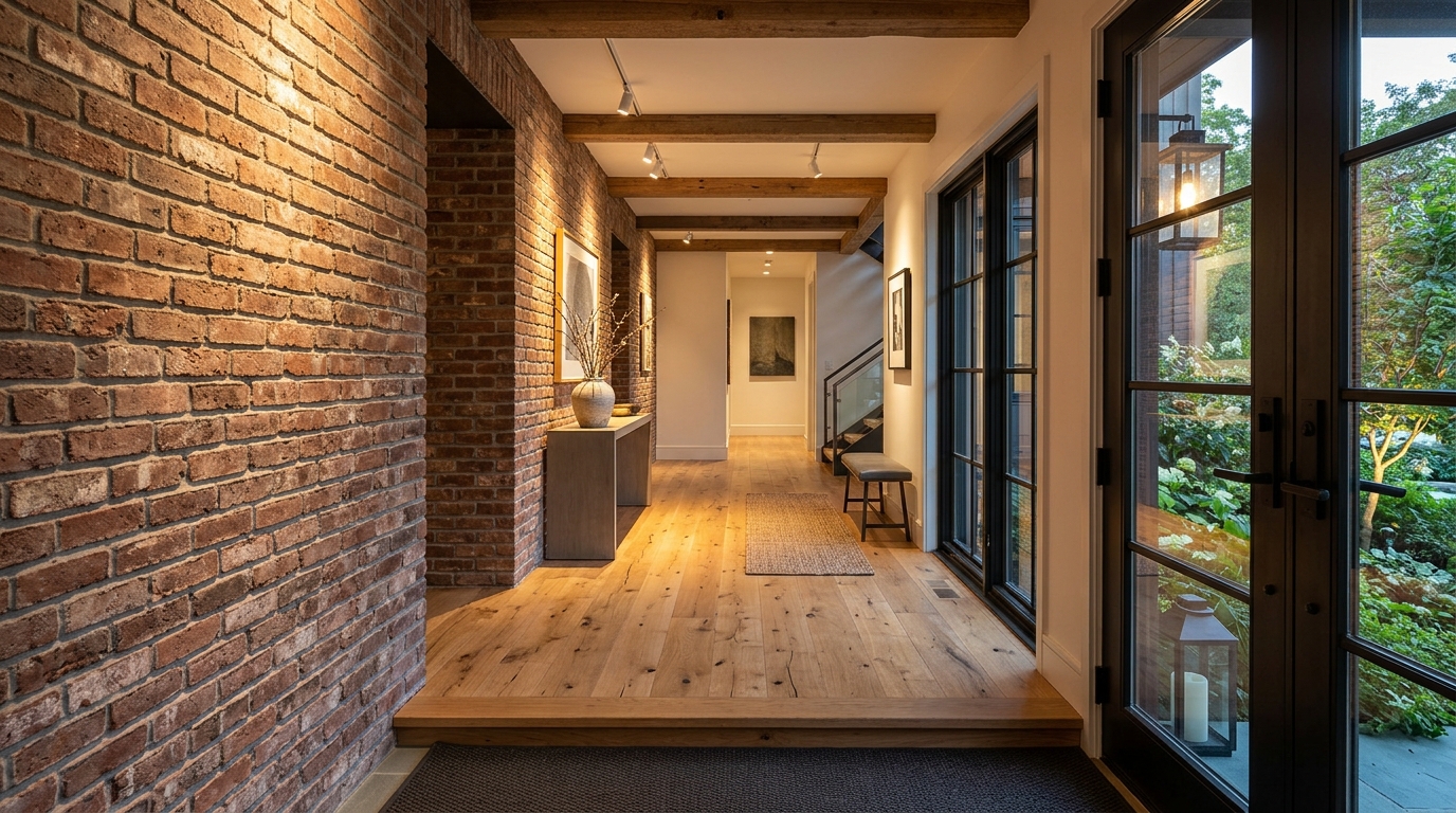 Ergonomic entryway layout showing the transition from a brick foyer to a hardwood living area.