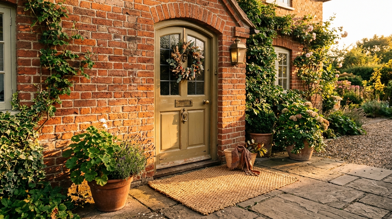 Natural sunlight streaming through a glass front door onto a brick wall entryway and jute runner.