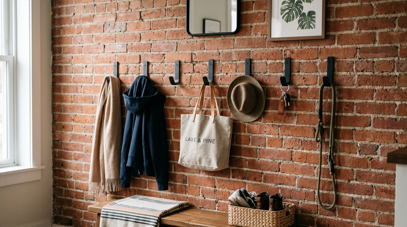 Small entryway decor ideas: a collection of matte black hooks arranged geometrically on red brick.