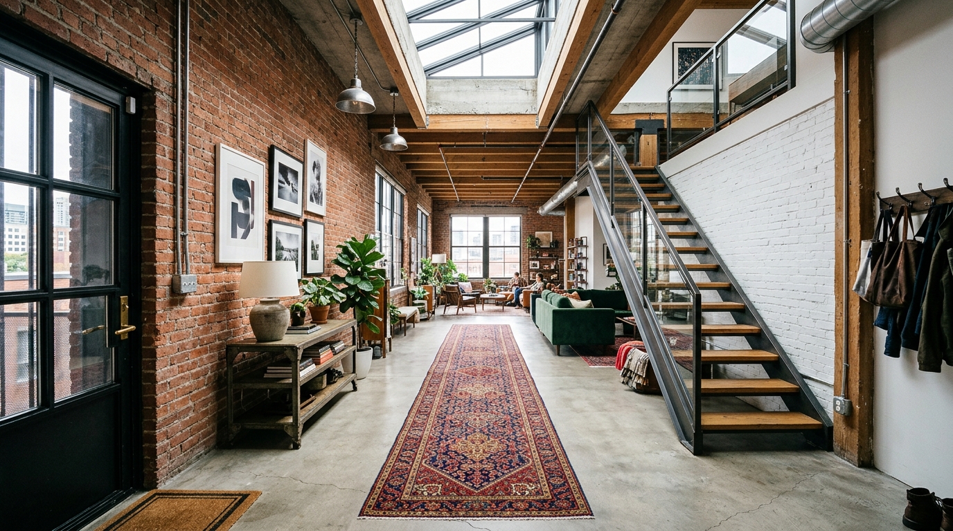 Wide-angle shot of a narrow urban entryway maximizing depth with a tall arched mirror and slim console.