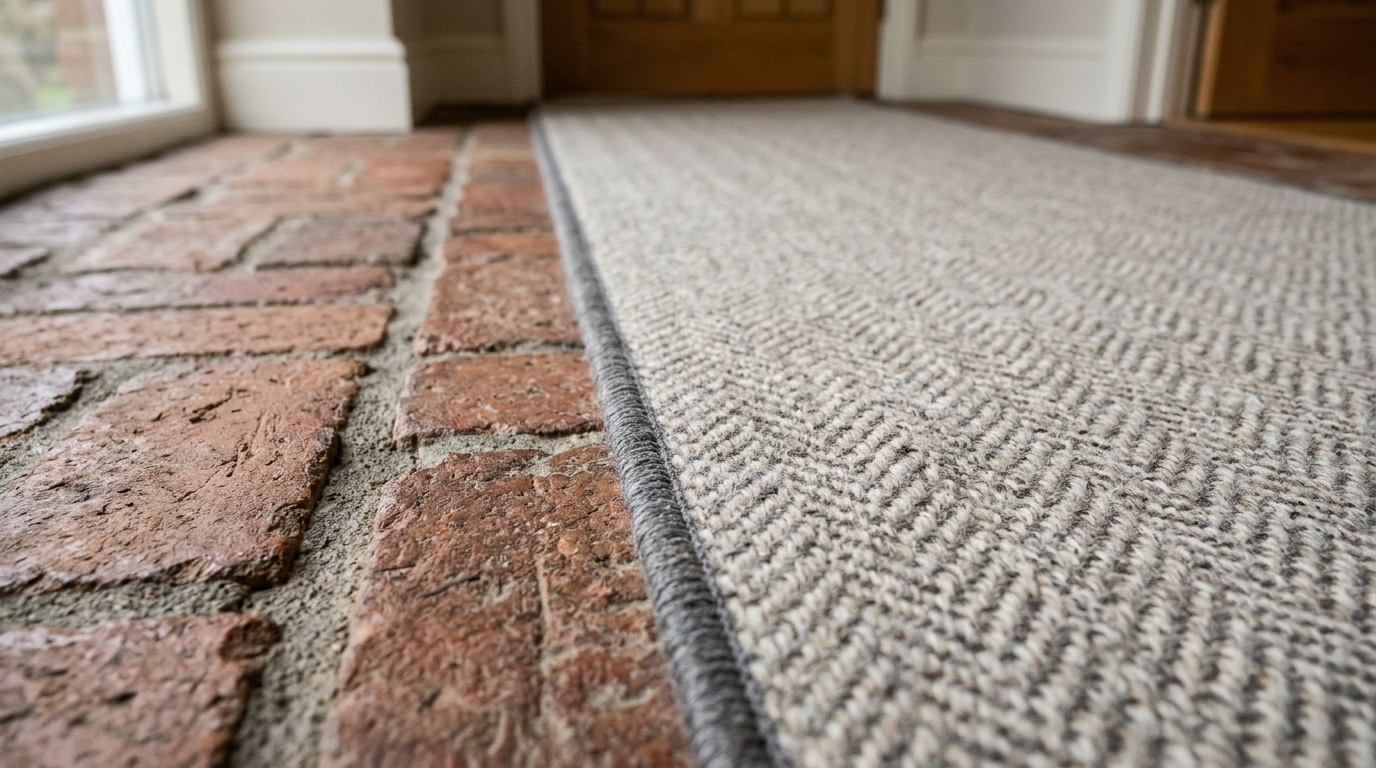 Tactile grounding: a close-up of a high-performance sisal narrow hallway runner rug against brick flooring.