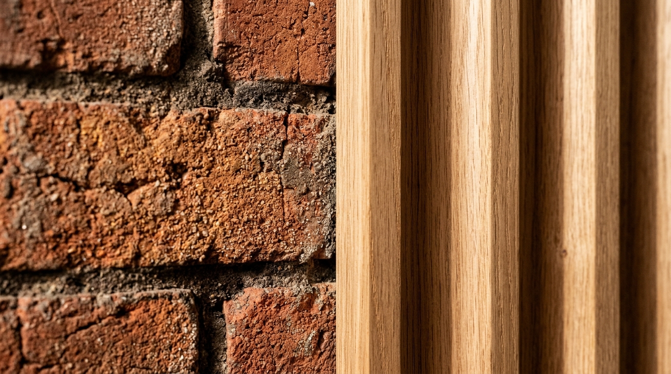 Close-up of tactile materials: fluted oak wood against a rugged red brick wall entryway for sensory interior design.