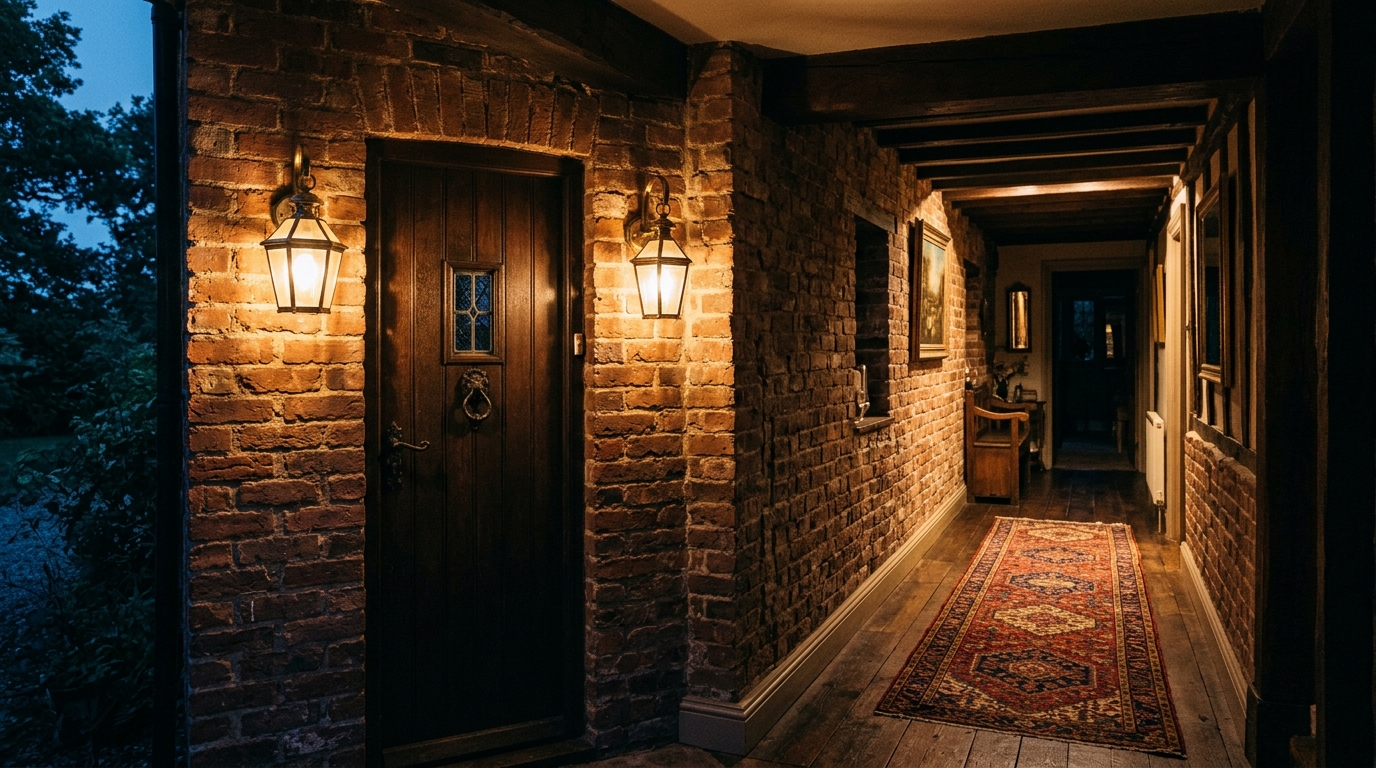 Evening atmosphere in an entryway with 2700K warm sconce lighting casting shadows on a modern brick foyer design.