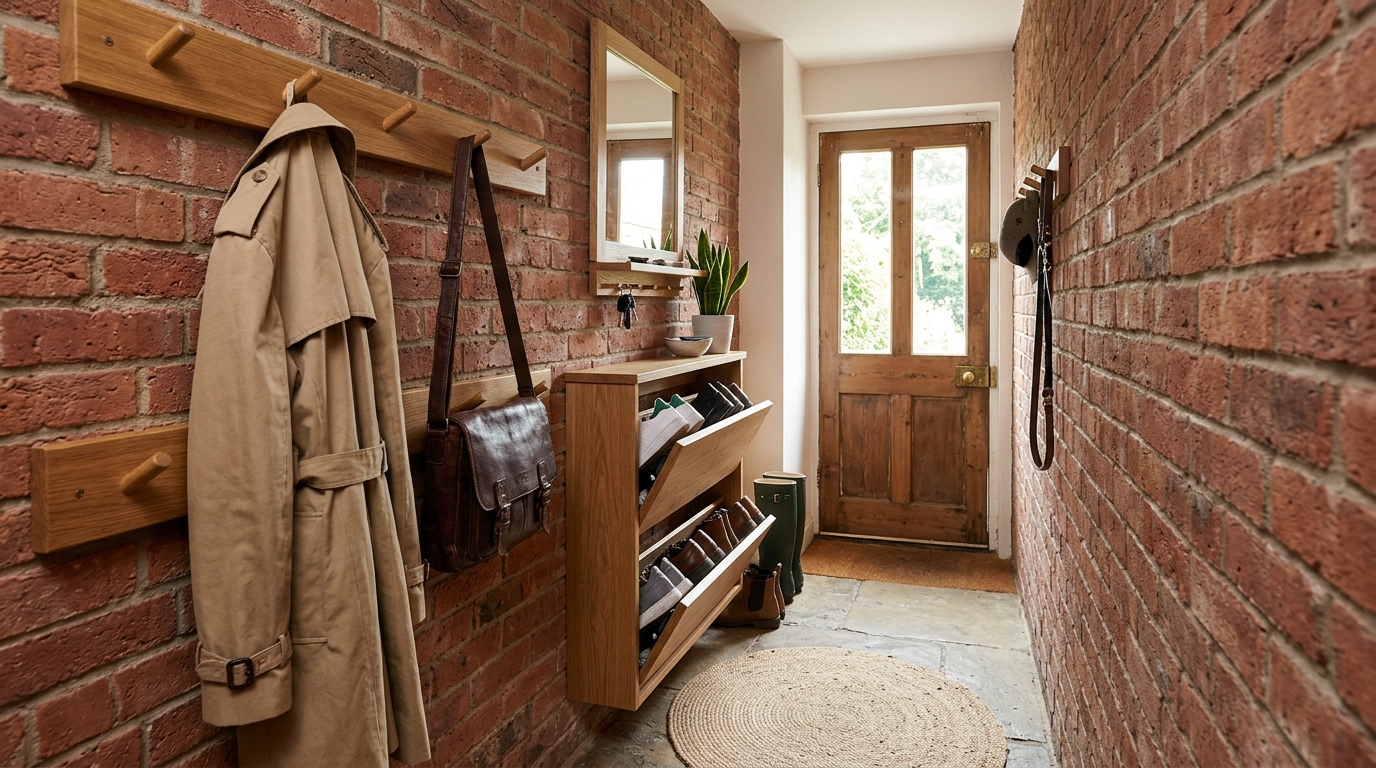 A functional entryway drop zone with a wall-mounted peg rail and slim shoe storage in a narrow brick corridor.