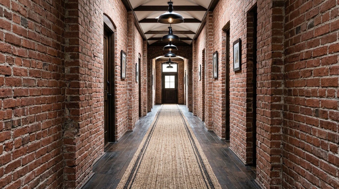 Industrial style foyer with exposed brick and a narrow hallway runner rug in charcoal wool.
