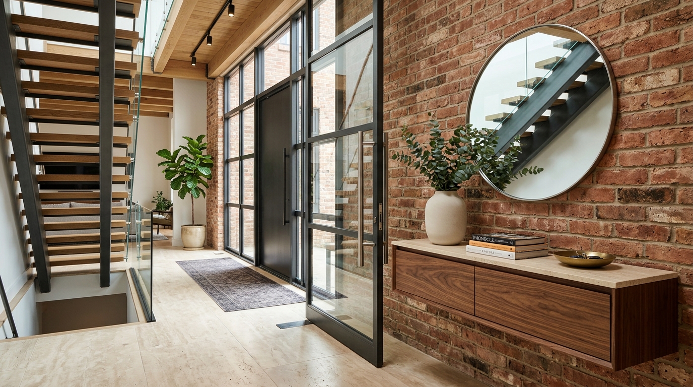Modern brick foyer design with floor-to-ceiling glass paneling and a floating walnut ledge.