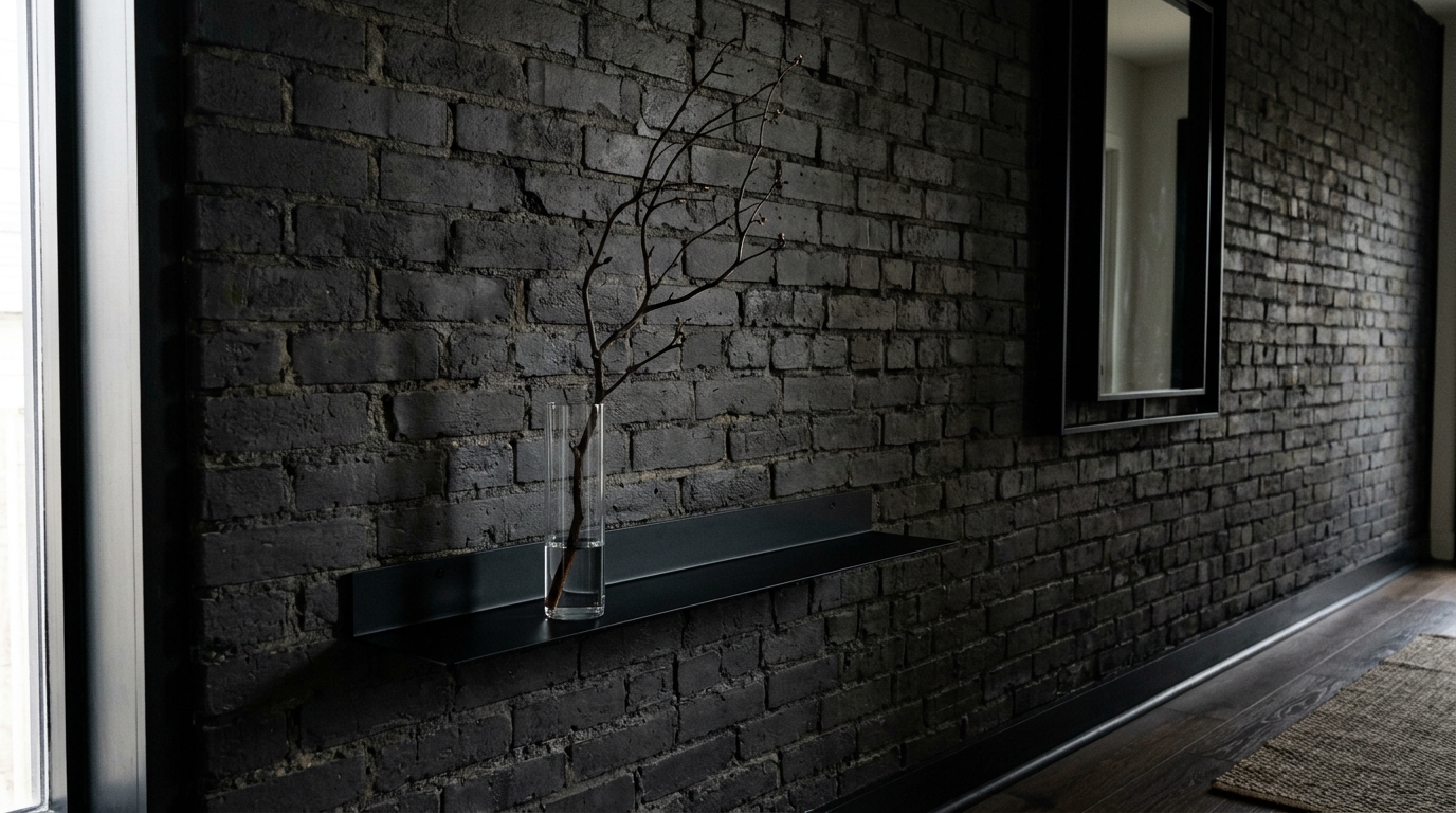 Minimalist narrow entryway ideas showcasing a single sculptural vase on a slim black metal console.